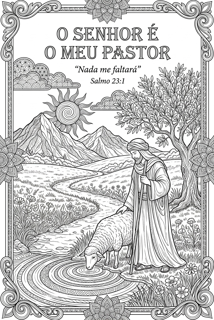 Desenho bíblico para colorir: o Bom Pastor e suas ovelhas